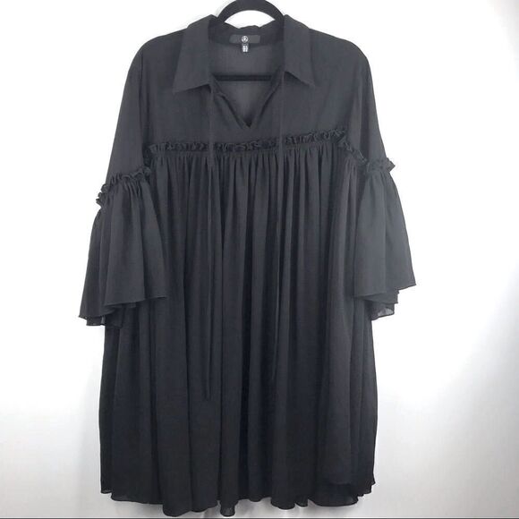 Missguided Semi Sheer Black Poet’s Style Dress with Bell Sleeves and Tie Front - Picture 1 of 15